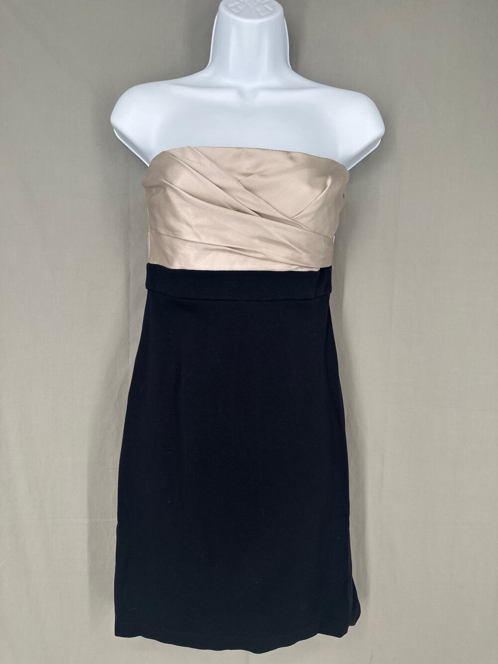 Y2K Vintage Dress Womens 6 Black Mini Beige Silk Strapless 90s Minimalist Party